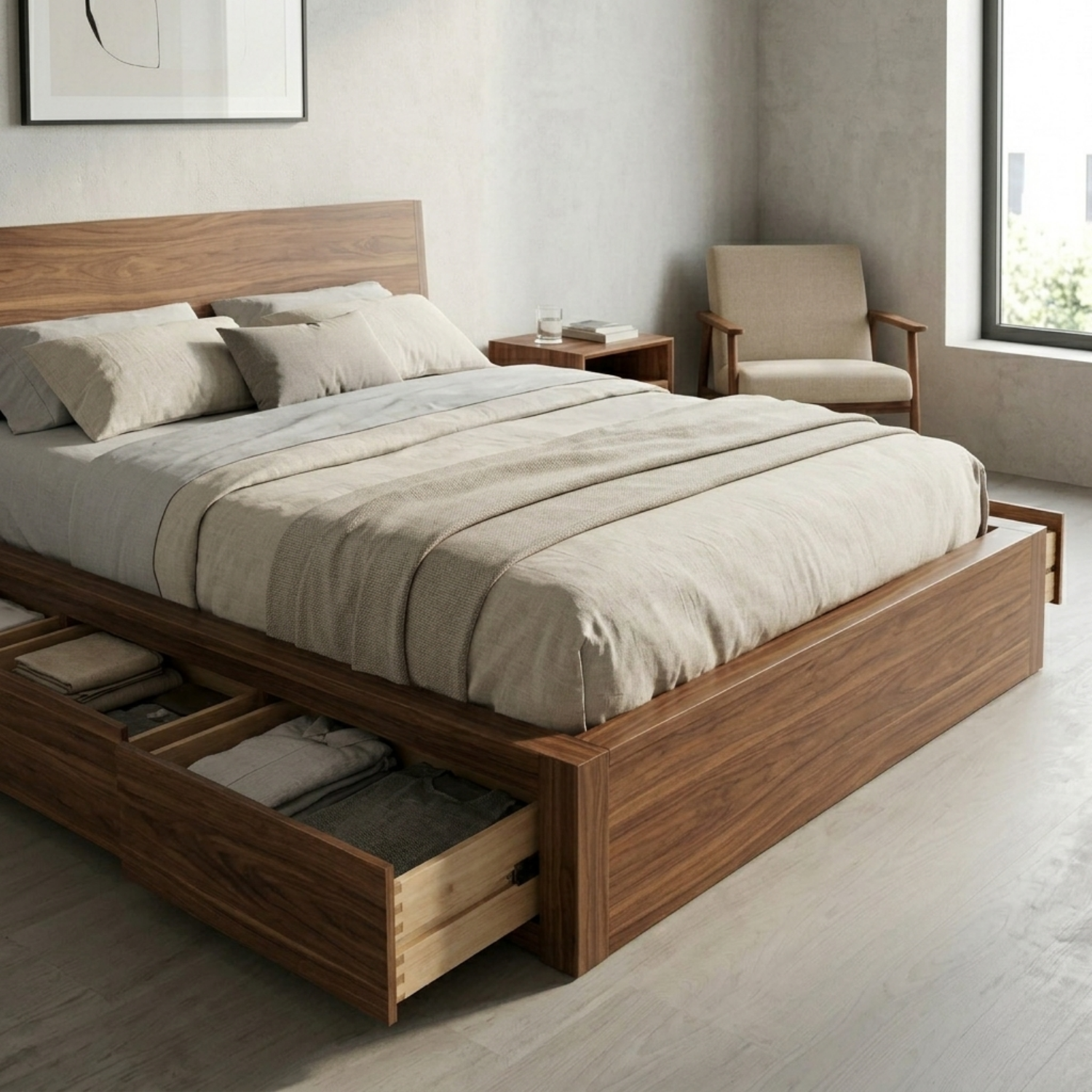 Solid Wood Storage Bed Frame with Side Drawers and Platform Design