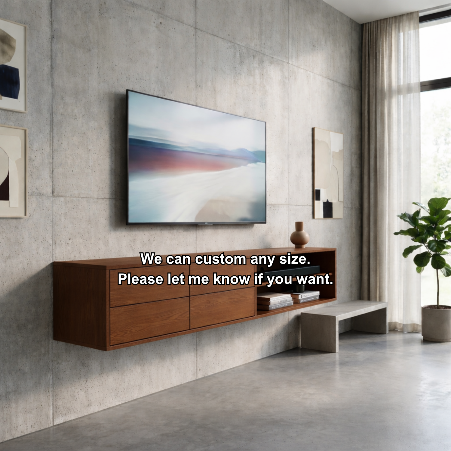 Floating Solid Wood TV Stand with Drawers and Open Shelf – Modern Wall Mounted Media Console