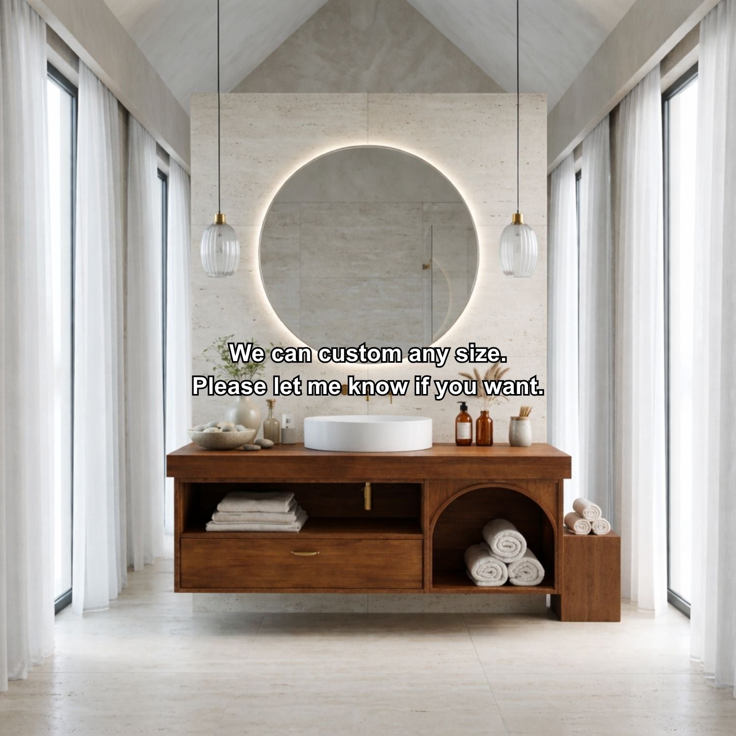 Floating Bathroom Vanity with Open Shelf & Arch Towel Niche – Modern Solid Wood