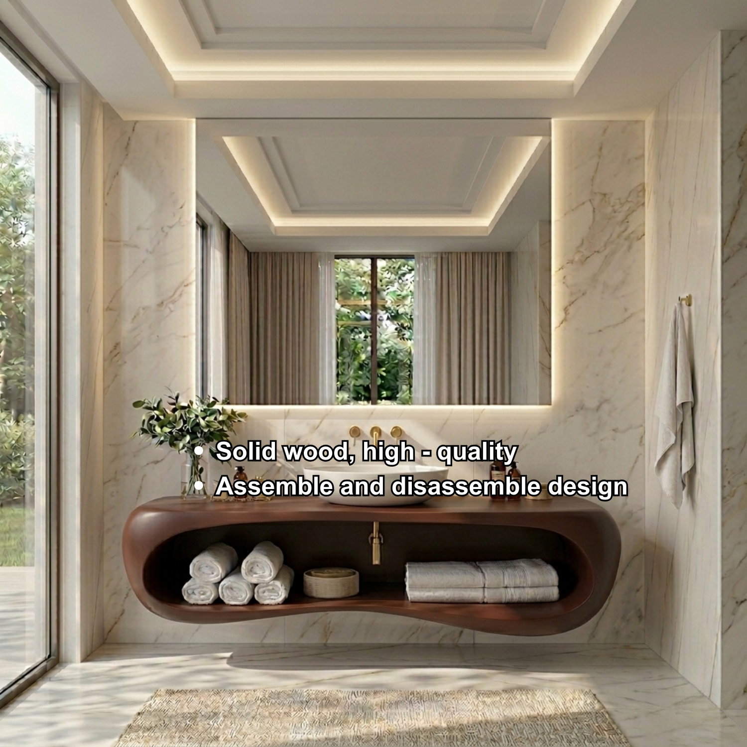 Solid Wood Floating Bathroom Vanity with Curved Open Shelf – Modern Wall Mounted Vanity