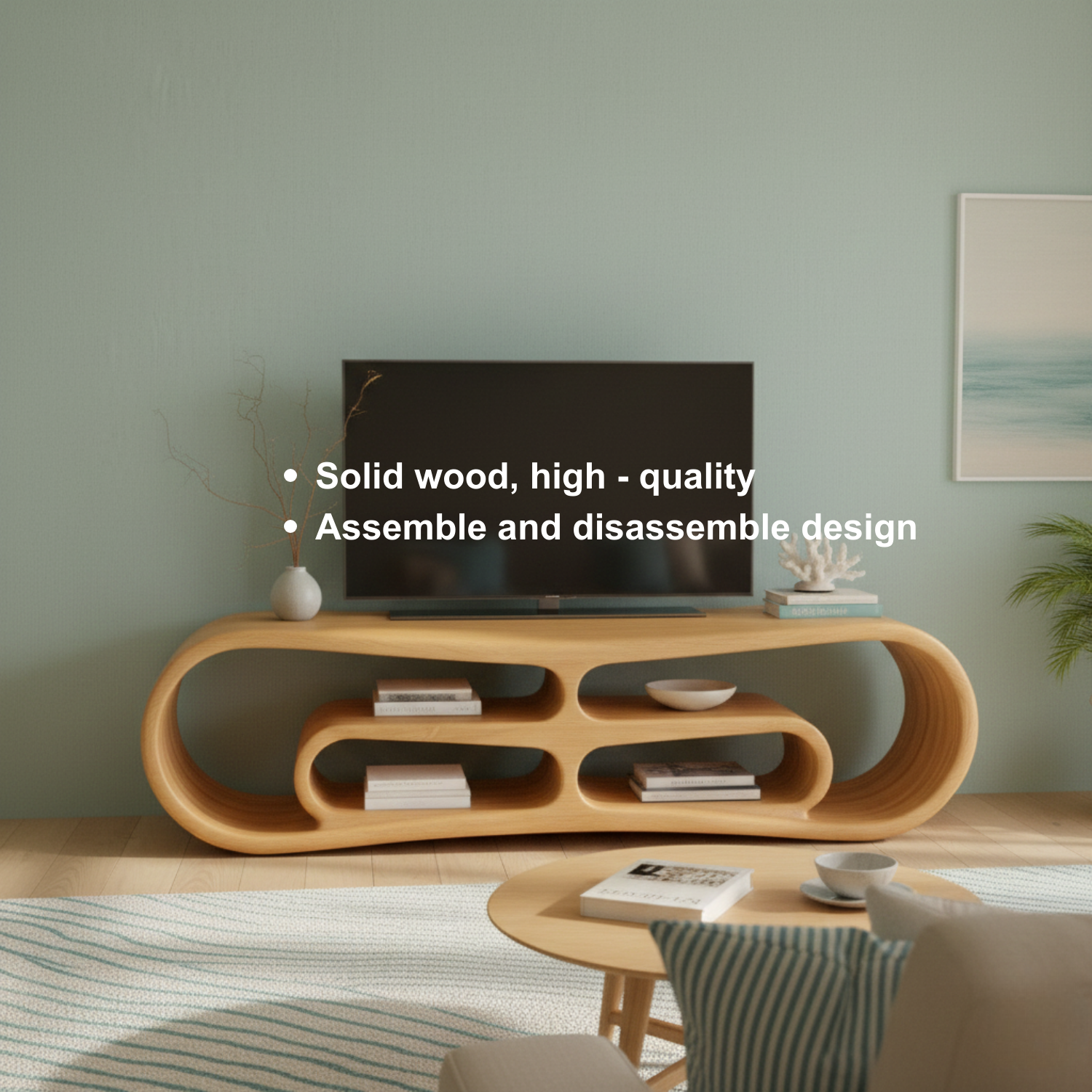 Modern Solid Wood TV Stand with Curved Design & Open Shelving - Stylish Living Room Storage