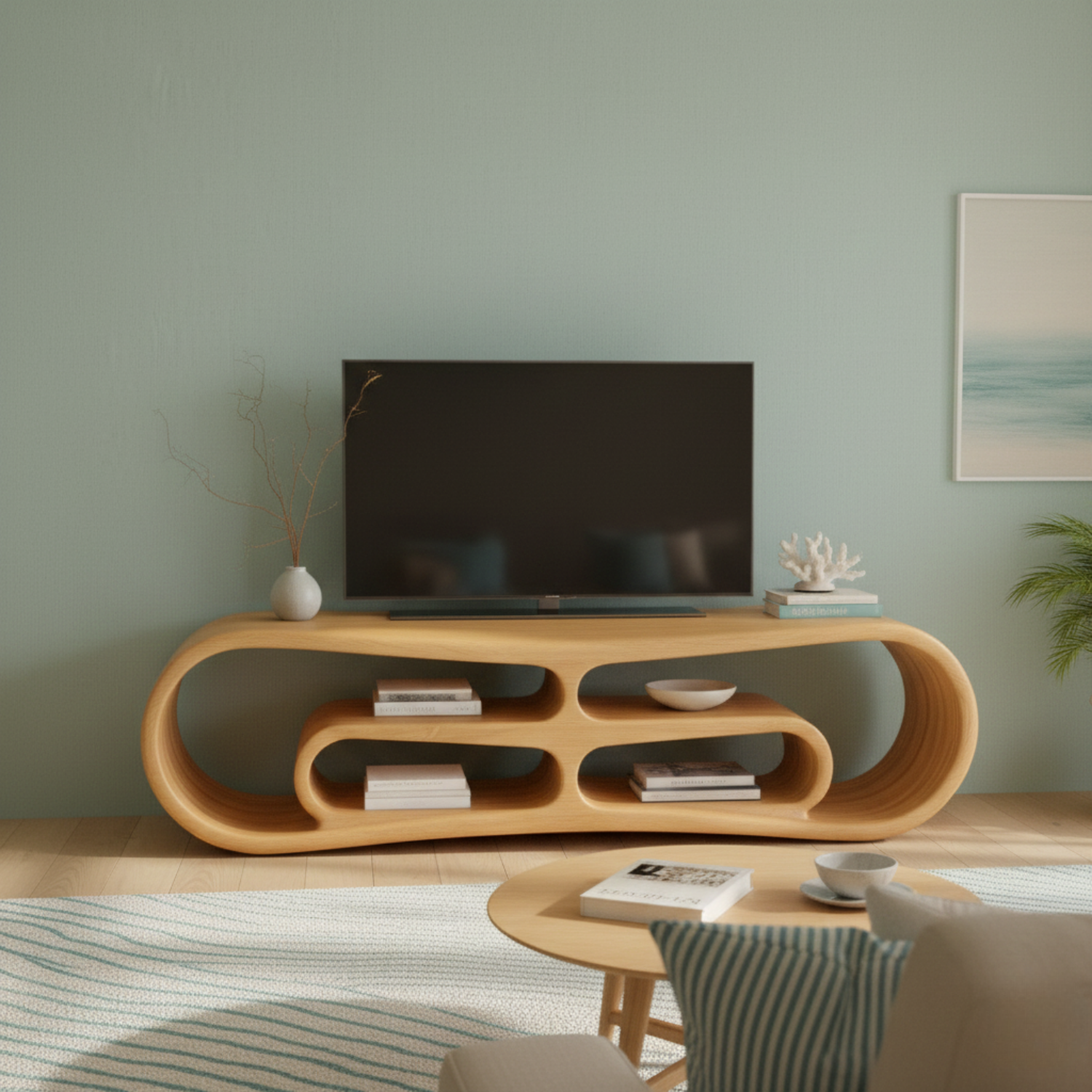 Modern Solid Wood TV Stand with Curved Design & Open Shelving - Stylish Living Room Storage