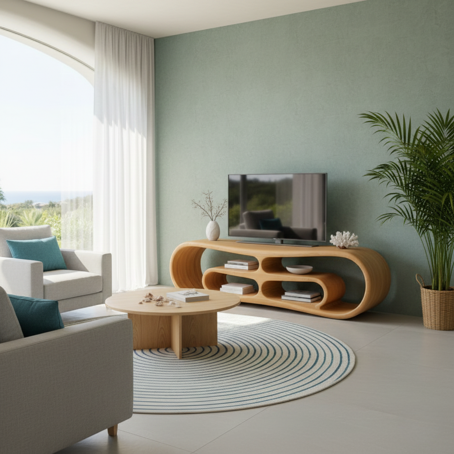 Modern Solid Wood TV Stand with Curved Design & Open Shelving - Stylish Living Room Storage