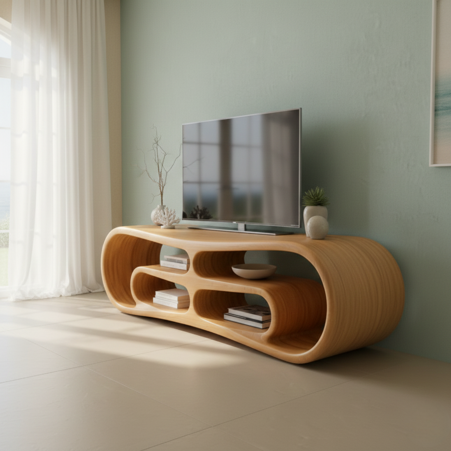 Modern Solid Wood TV Stand with Curved Design & Open Shelving - Stylish Living Room Storage