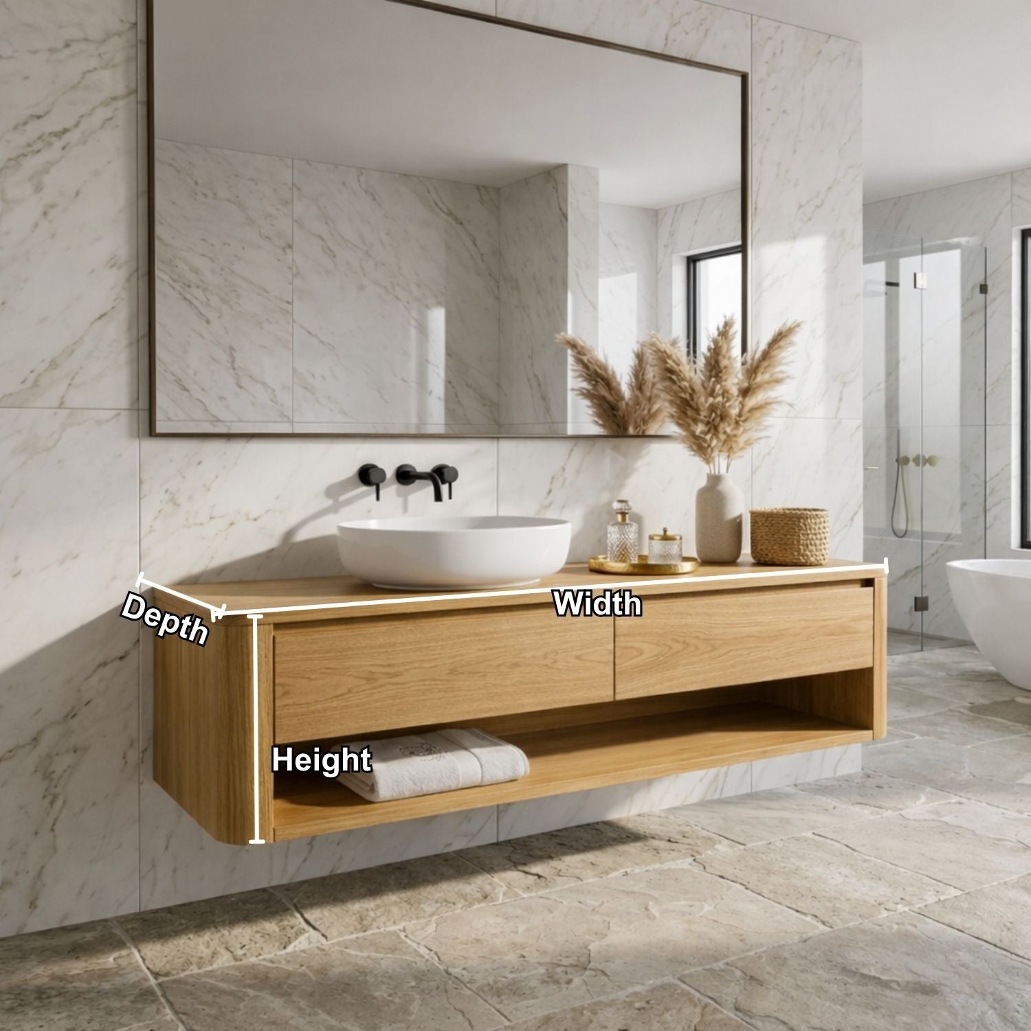 Floating Bathroom Vanity with Two Drawers and Open Shelf Storage Design