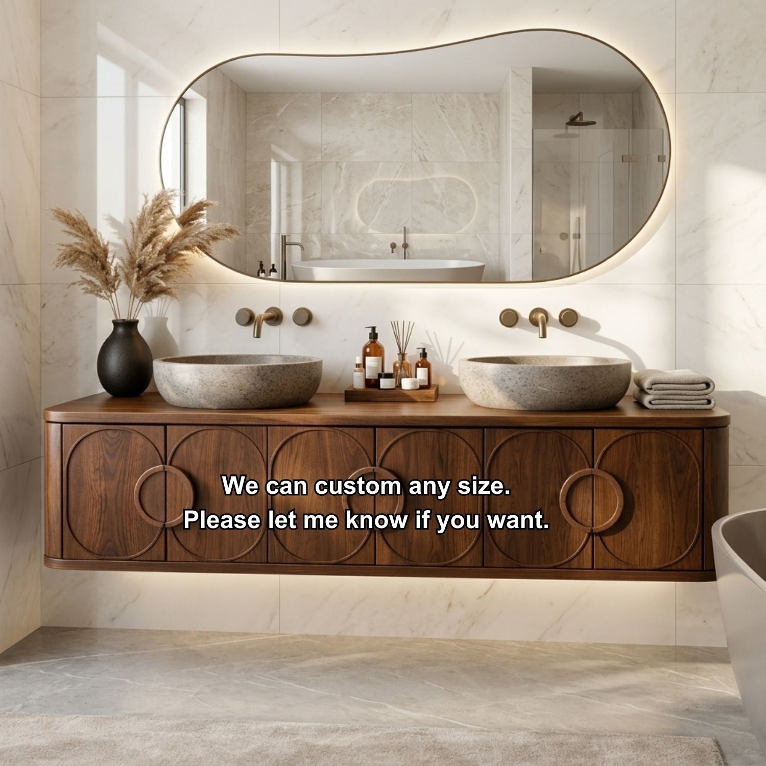 Floating Bathroom Vanity with Circular Carved Doors and Sculptural Ring Handles