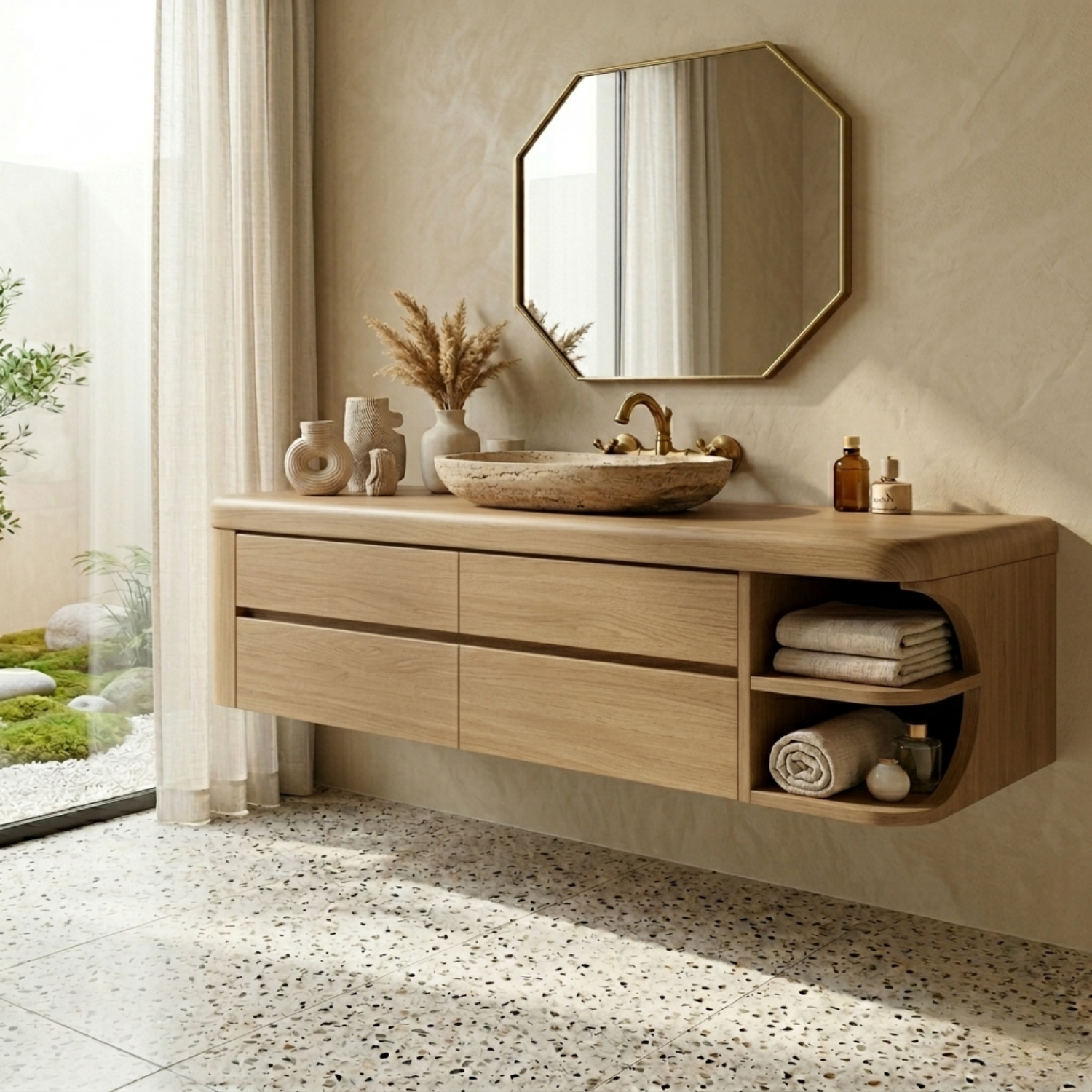 Floating Solid Wood Bathroom Vanity with Four Drawers and Rounded Side Open Shelf