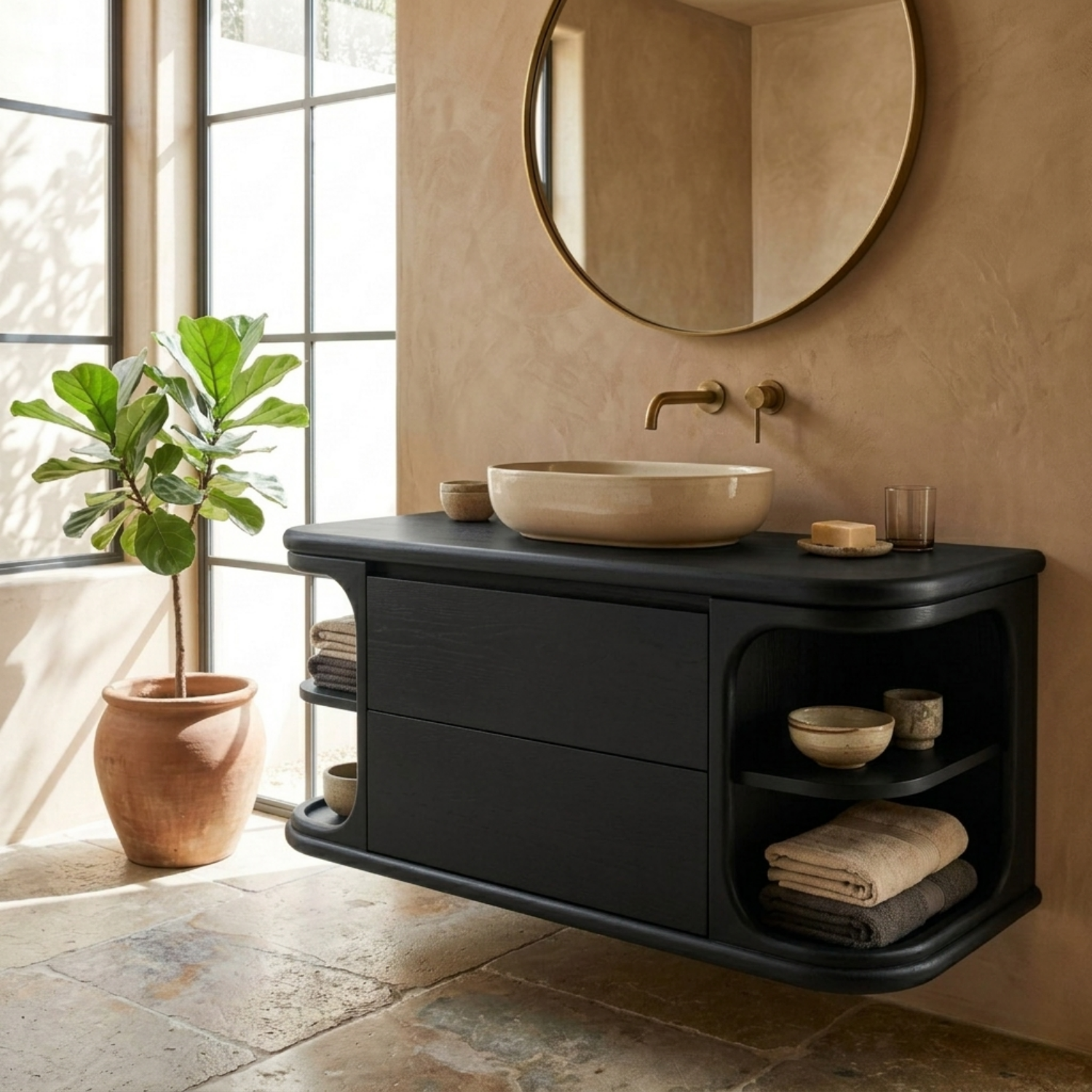 Floating Solid Wood Bathroom Vanity with Drawer Storage and Rounded Side Shelves