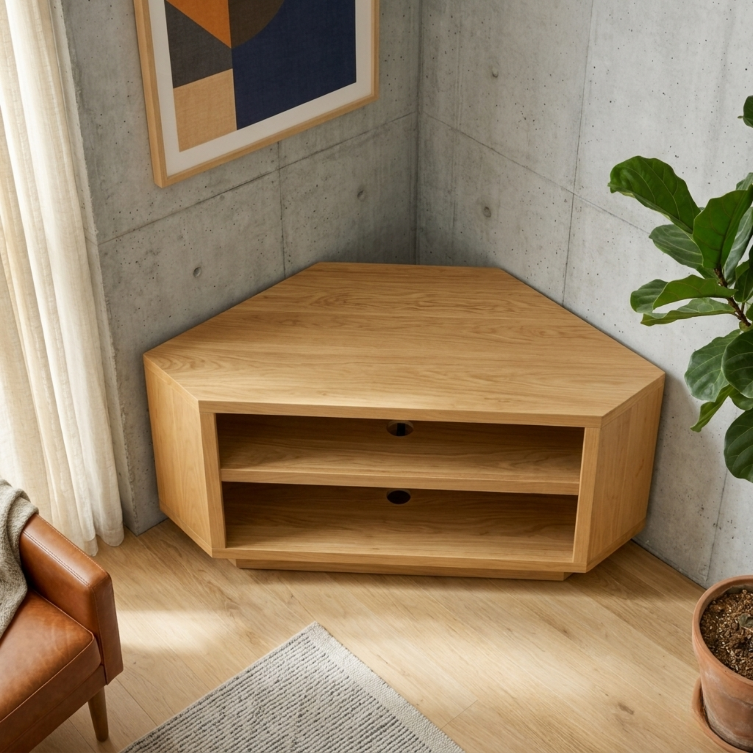 Solid Wood Corner TV Stand with Open Shelving – Space Saving Media Console
