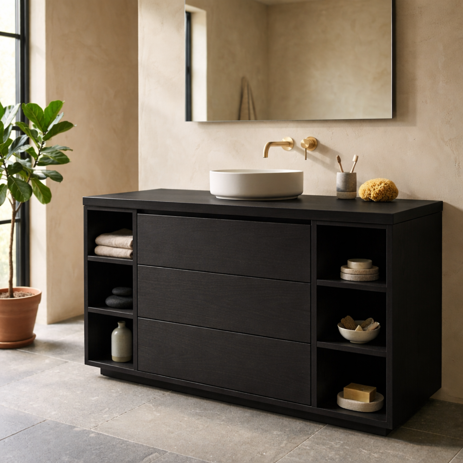 Solid Wood Bathroom Vanity with Three Drawers and Open Side Shelves on Both Sides