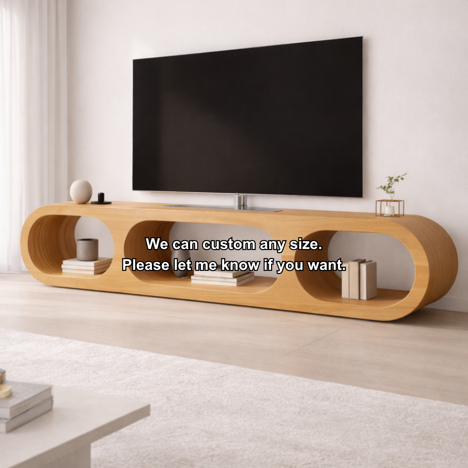 Modern Solid Wood TV Stand with Oval Open Storage and Sleek Design