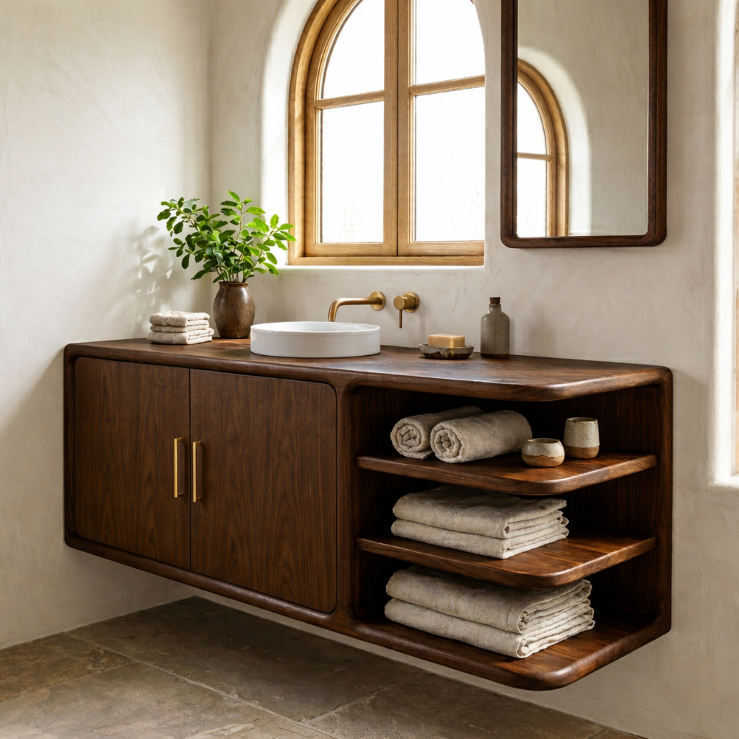 Floating Solid Wood Bathroom Vanity with Rounded Frame, Cabinet Doors and Open Shelving