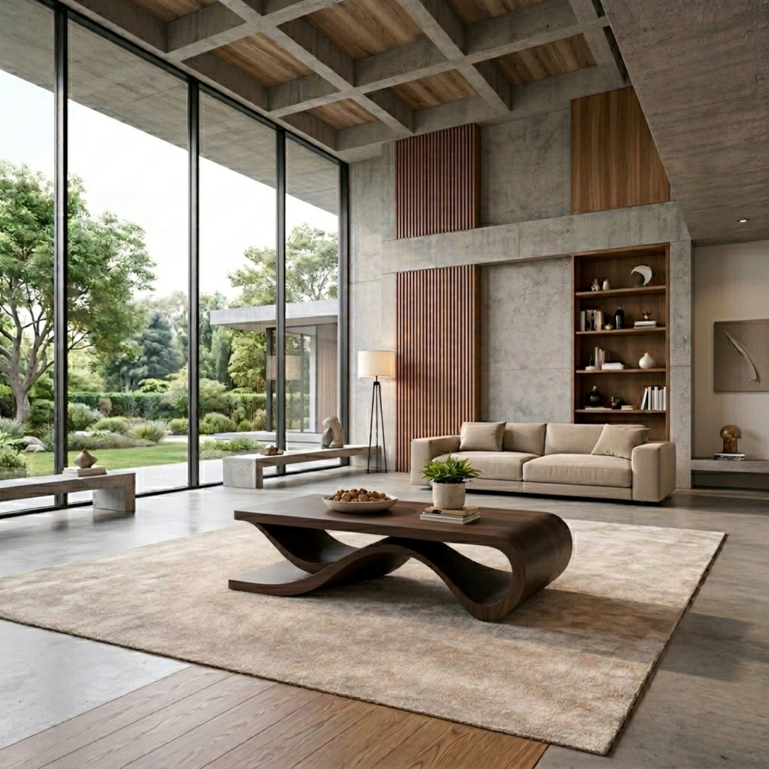 Solid Wood Coffee Table with Wave Sculptural Base – Modern Designer Living Room Table