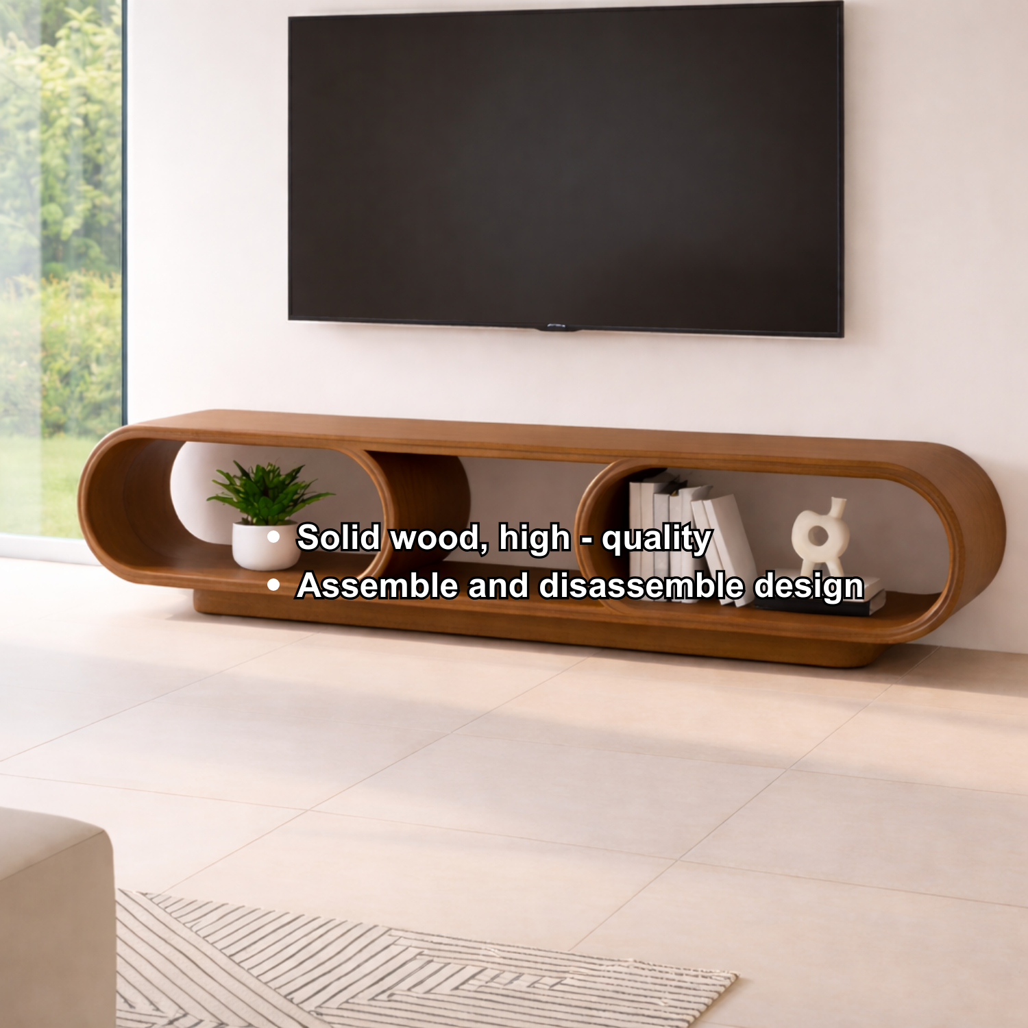 Contemporary Solid Wood TV Stand with Oval Open Storage and Stylish Design