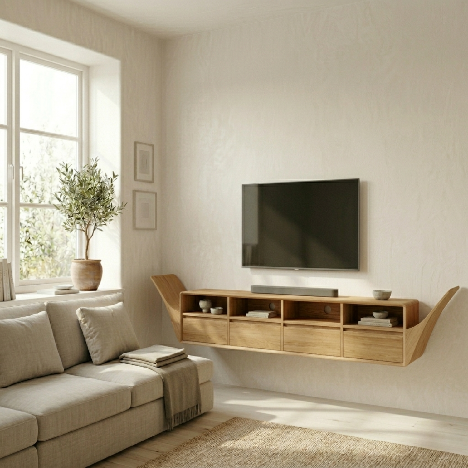 Floating Solid Wood TV Stand with Open Shelves and Drawers – Wall Mounted Media Console