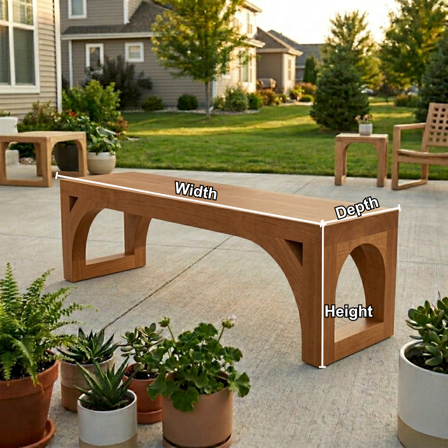 Solid Wood Outdoor Bench with Arched Base and Minimalist Rectangular Design