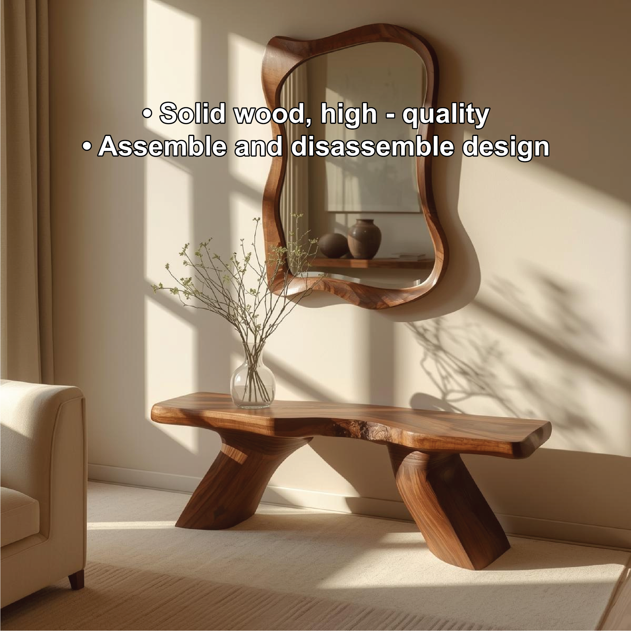 Solid Wood Entryway Bench with Sculptural Legs, Handmade Modern Hallway Seat