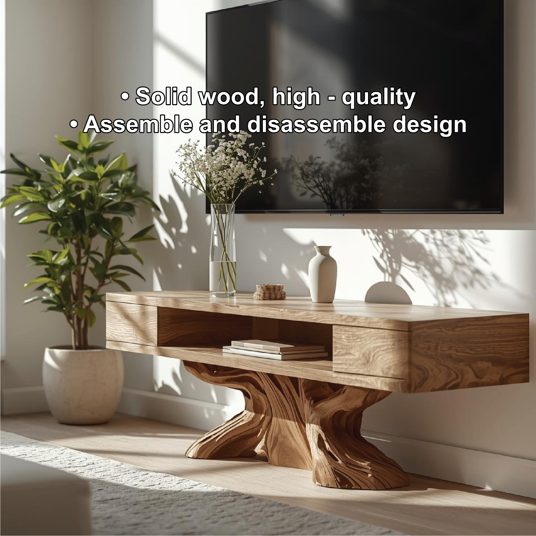 Rustic Solid Wood TV Stand Sculptural Base Media Console Modern Entertainment Center