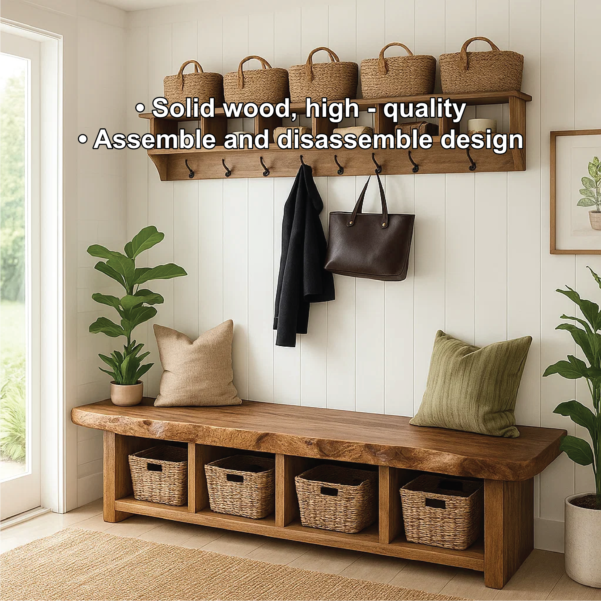 Solid Wood Entryway Bench with Storage Cubbies, Rustic Hallway Organizer Seat