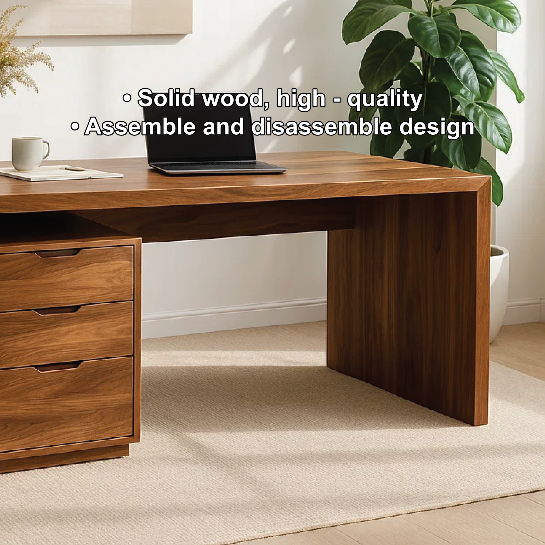 Modern Solid Wood Desk with 3 Drawer Storage Minimalist Home Office Writing Table