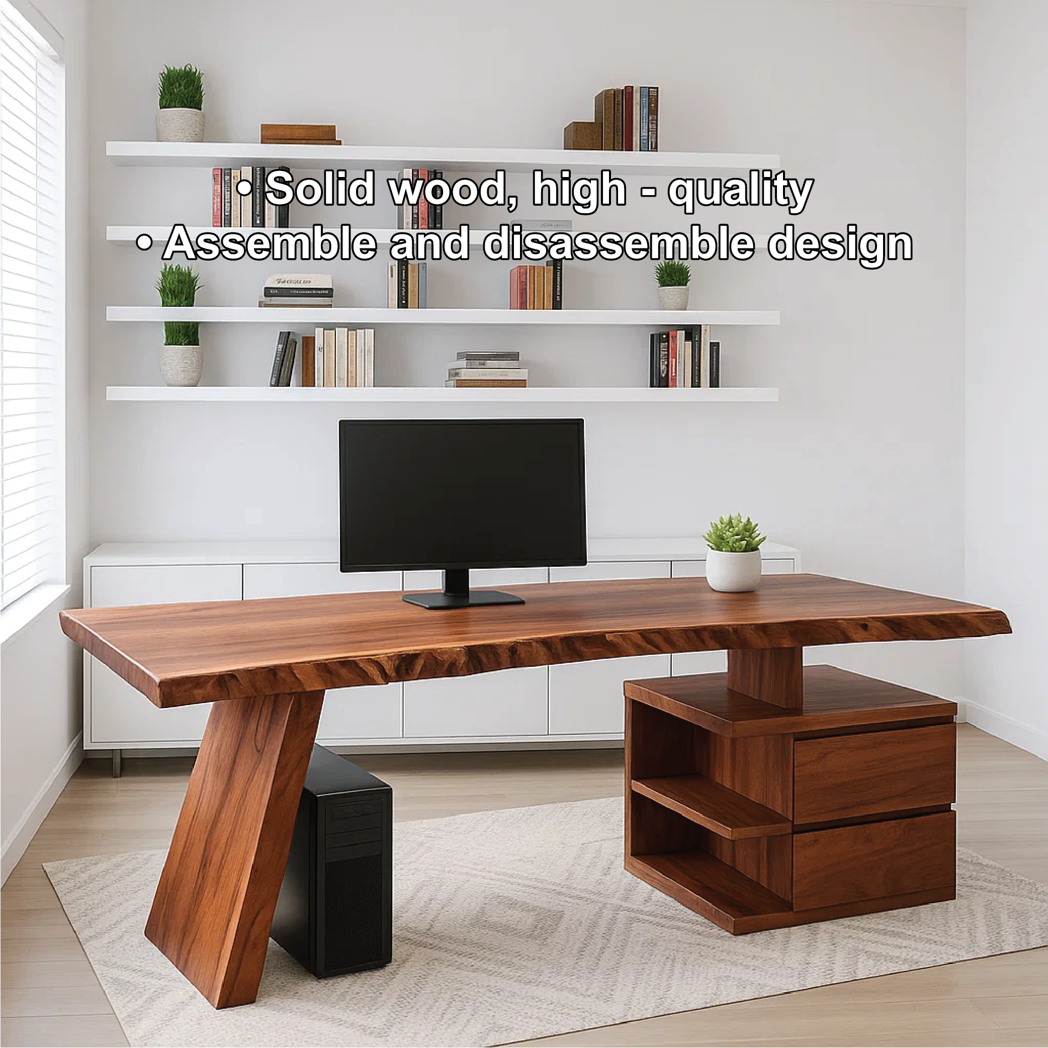 Live Edge Office Desk with Drawer Storage Modern Writing Computer Desk Solid Design
