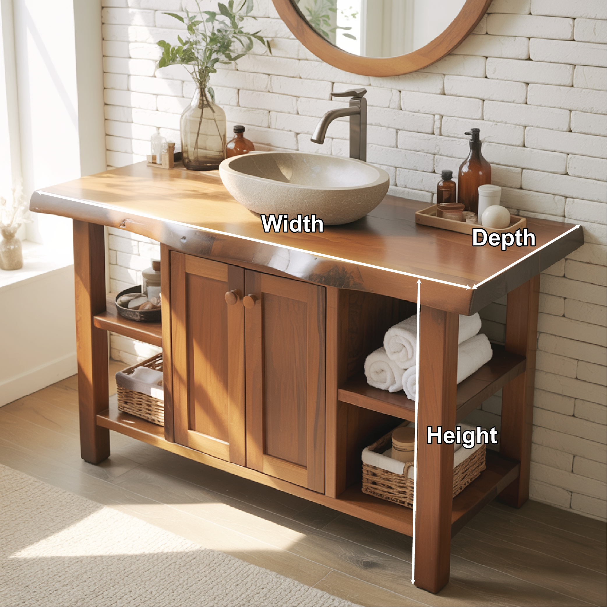 Handcrafted Solid Wood Bathroom Vanity with Live Edge Countertop and Open Storage Shelves