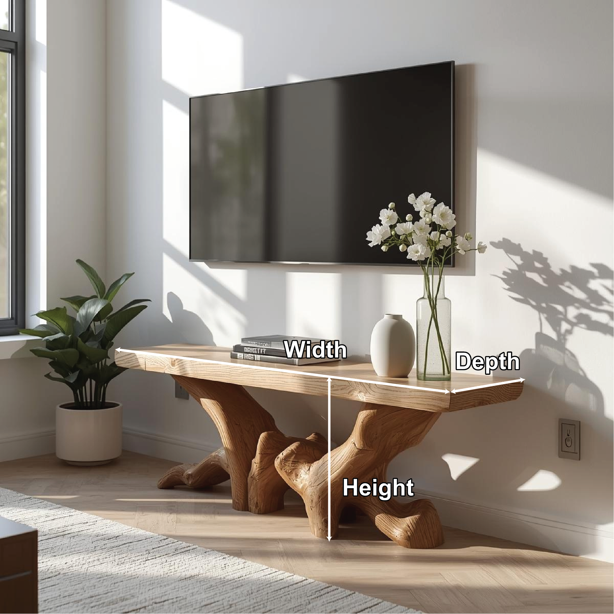 Rustic Solid Wood TV Stand Sculptural Media Console Natural Wood Entertainment Table