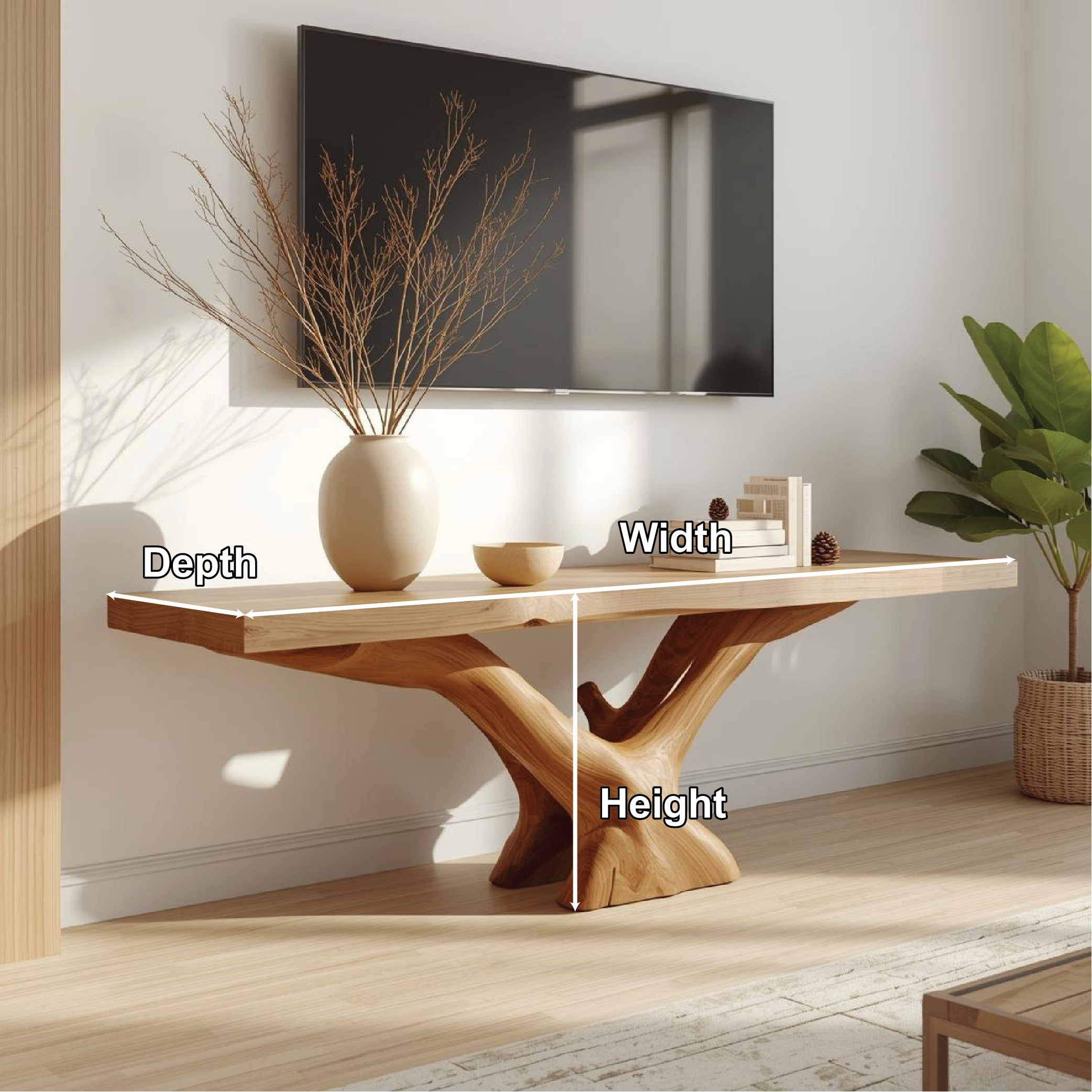 Rustic Solid Wood TV Stand Sculptural Base Media Console Modern Entertainment Table