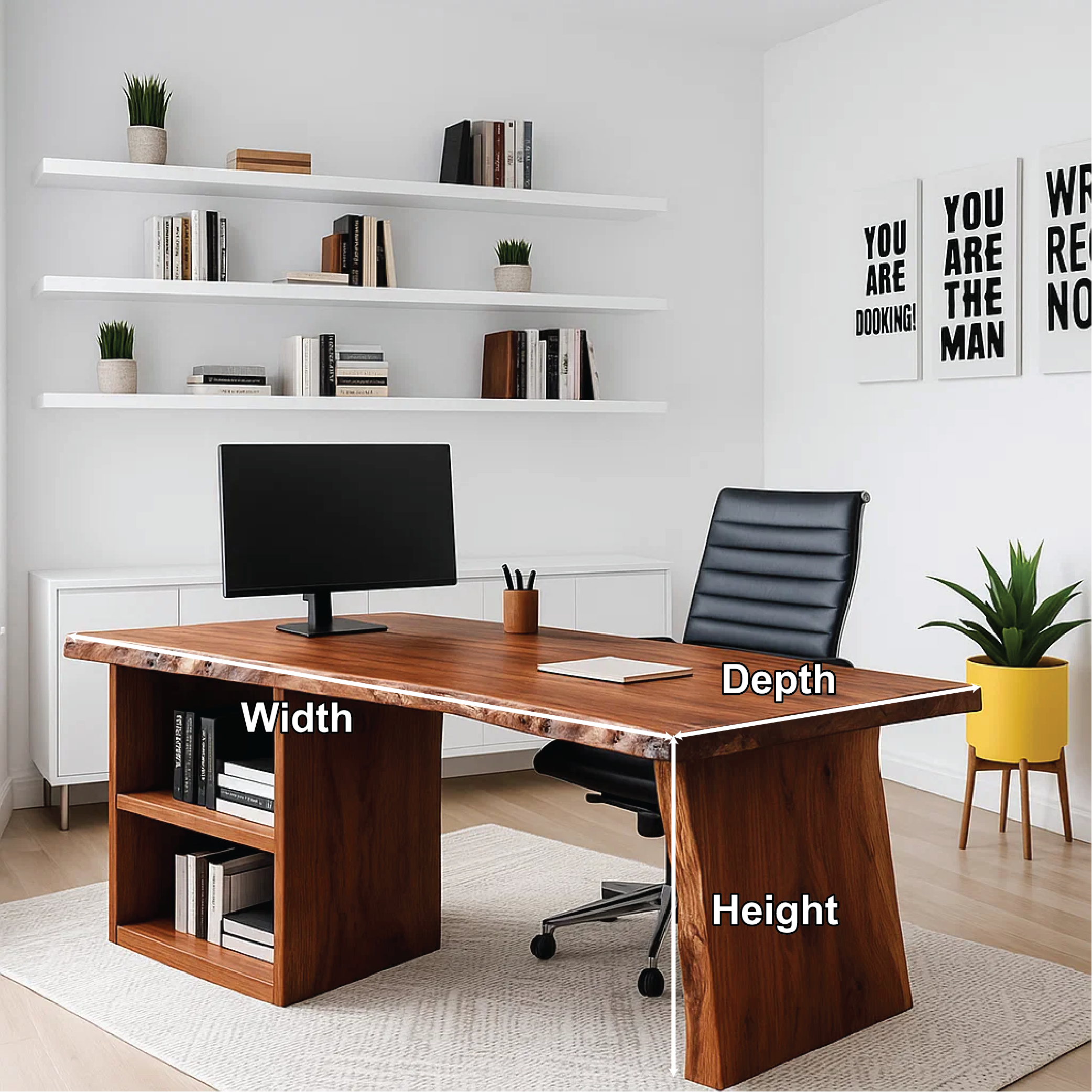 Live Edge Office Desk Modern Executive Writing Desk With Storage Shelf Large Workspace