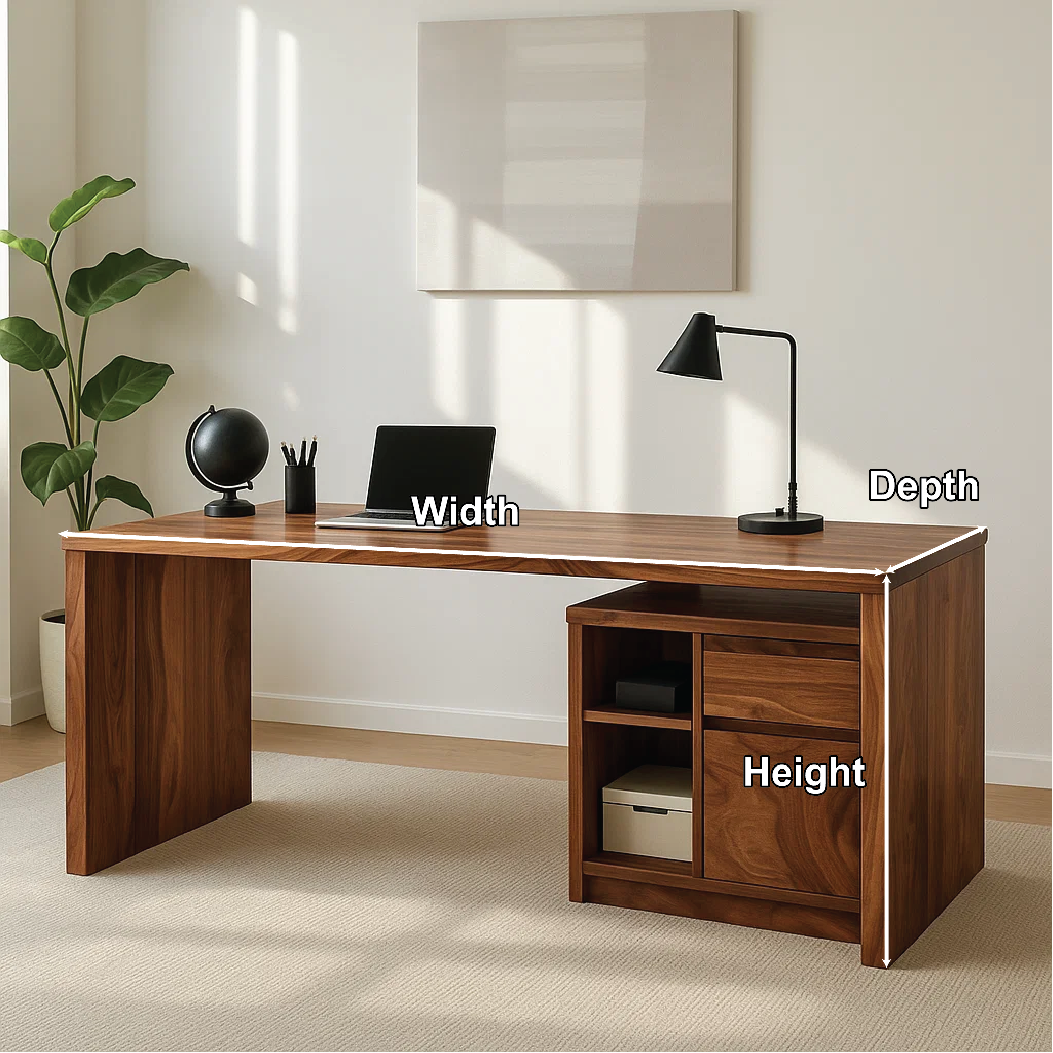 Modern Walnut Desk with Storage Cabinet – Minimalist Home Office Setup