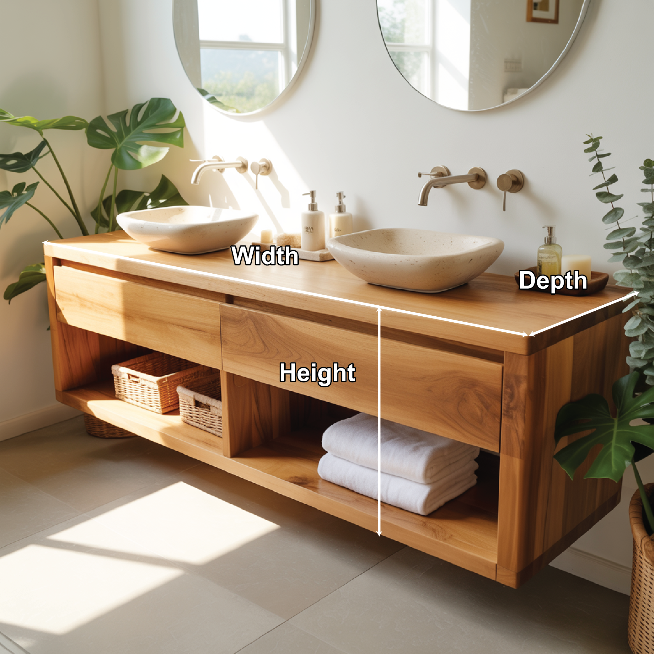 Modern Double Sink Floating Vanity with Wooden Design and Open Shelves