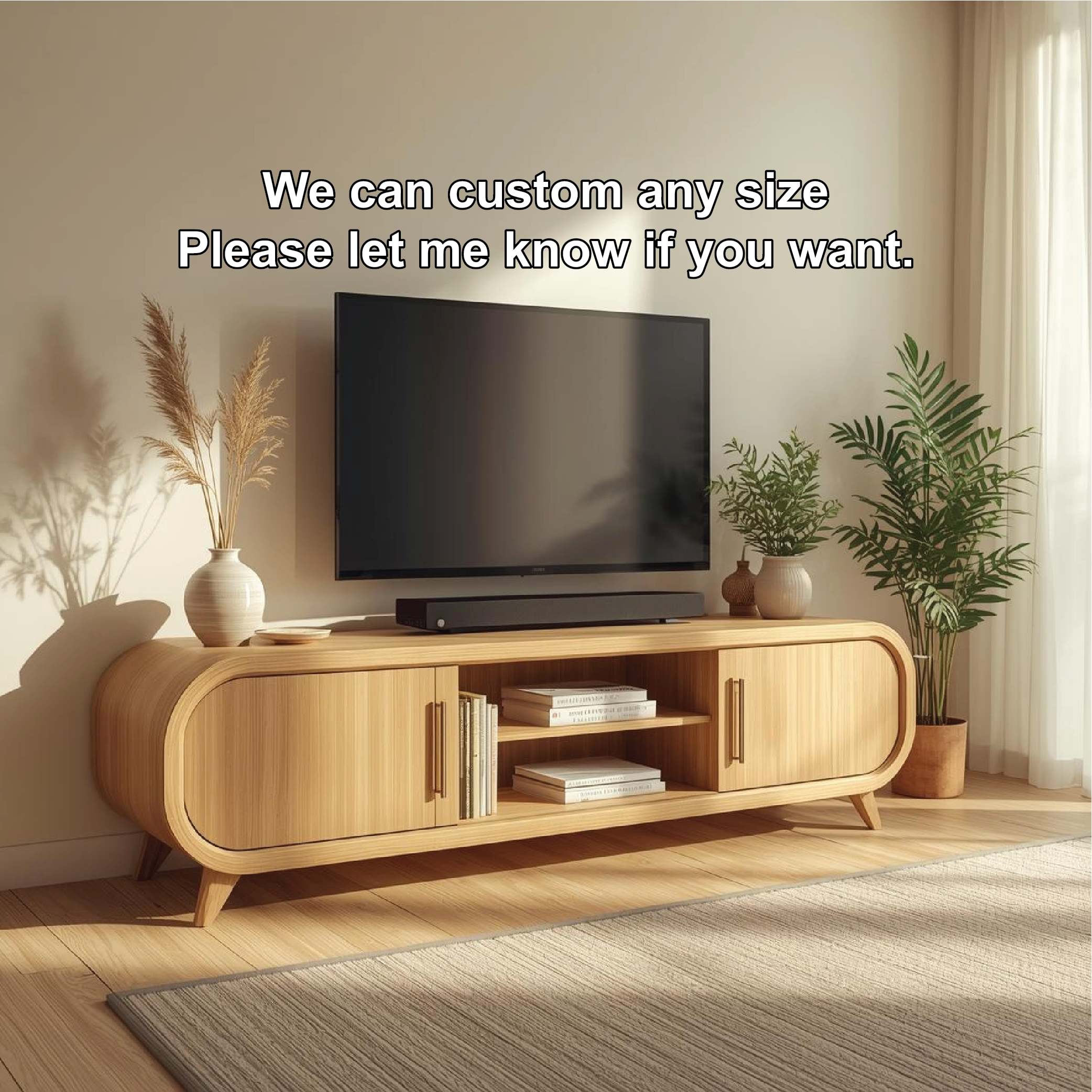 Mid Century Solid Wood TV Stand Curved Media Console Modern Entertainment Center Cabinet