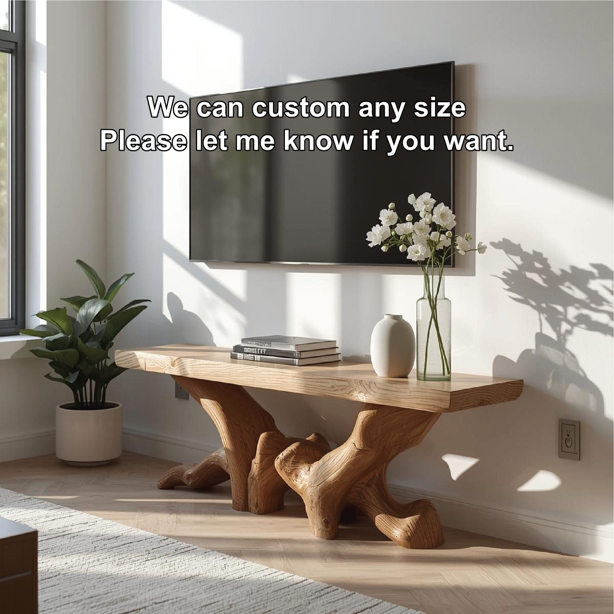 Rustic Solid Wood TV Stand Sculptural Media Console Natural Wood Entertainment Table