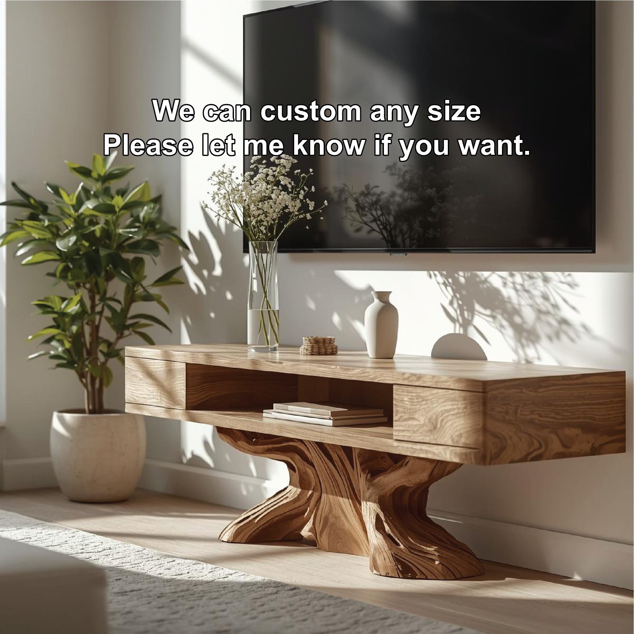 Rustic Solid Wood TV Stand Sculptural Base Media Console Modern Entertainment Center