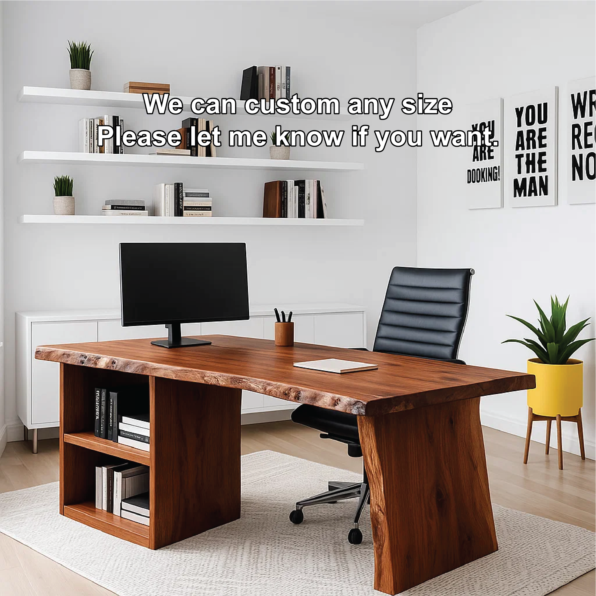 Live Edge Office Desk Modern Executive Writing Desk With Storage Shelf Large Workspace