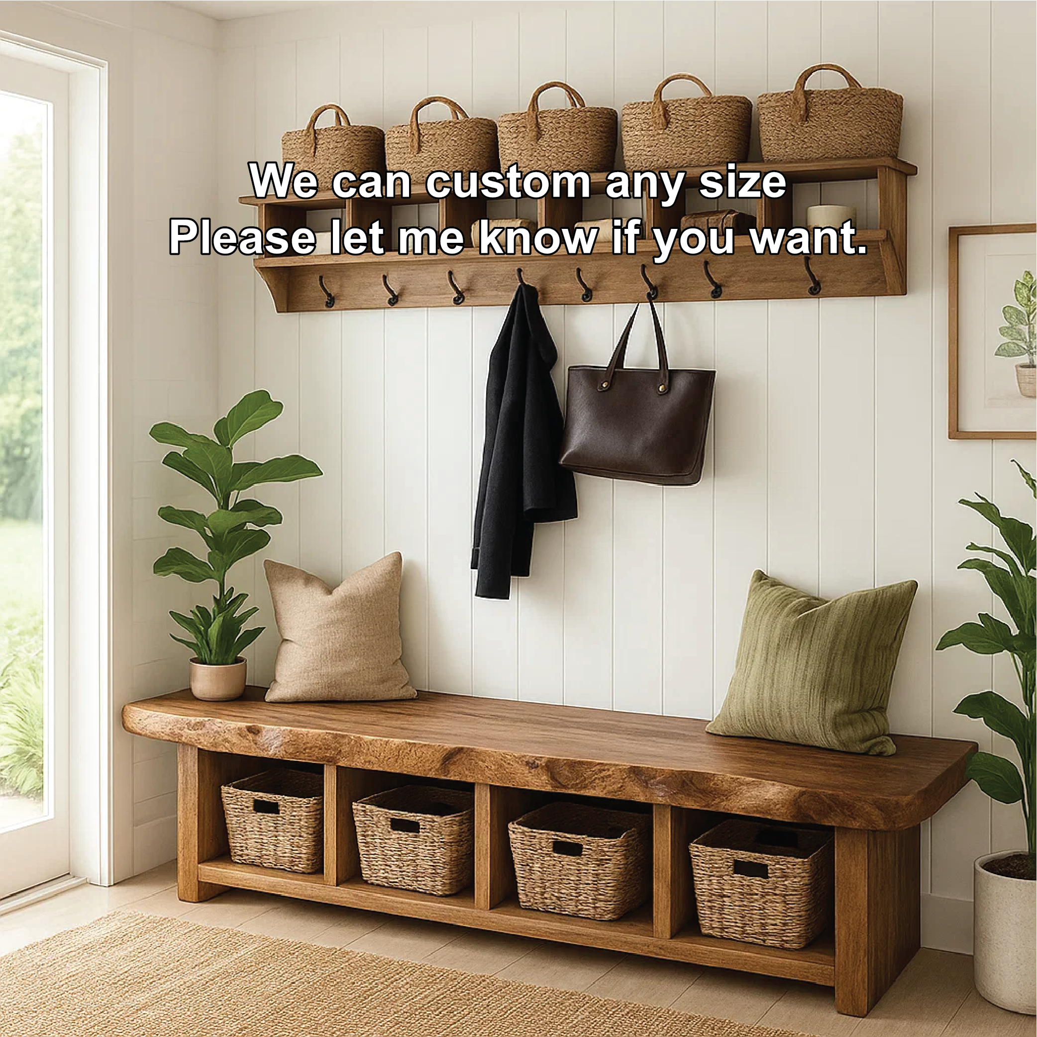 Solid Wood Entryway Bench with Storage Cubbies, Rustic Hallway Organizer Seat