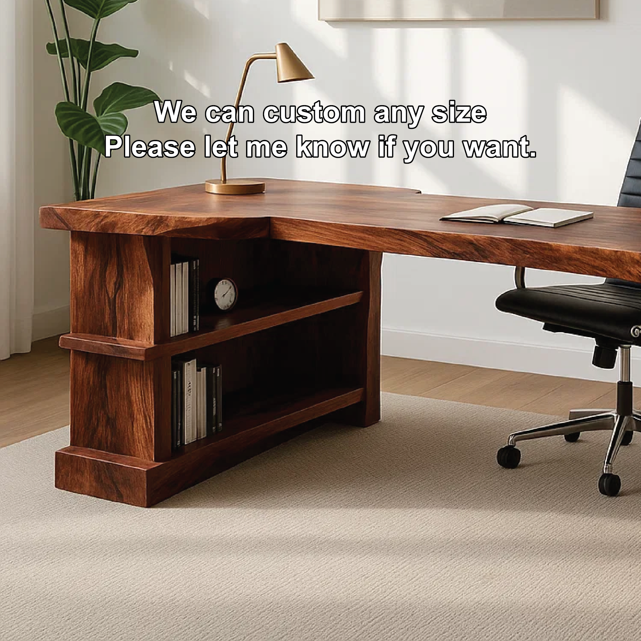 Modern L-Shaped Walnut Desk with Open Shelf – Sculptural Corner Workspace