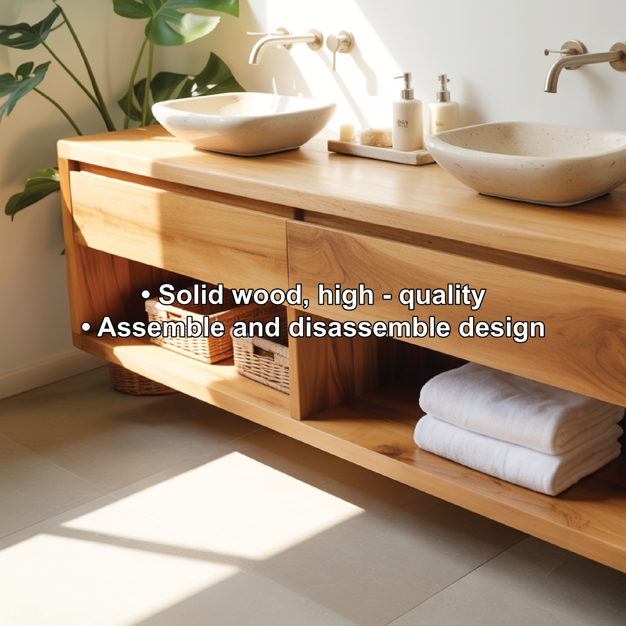 Modern Double Sink Floating Vanity with Wooden Design and Open Shelves