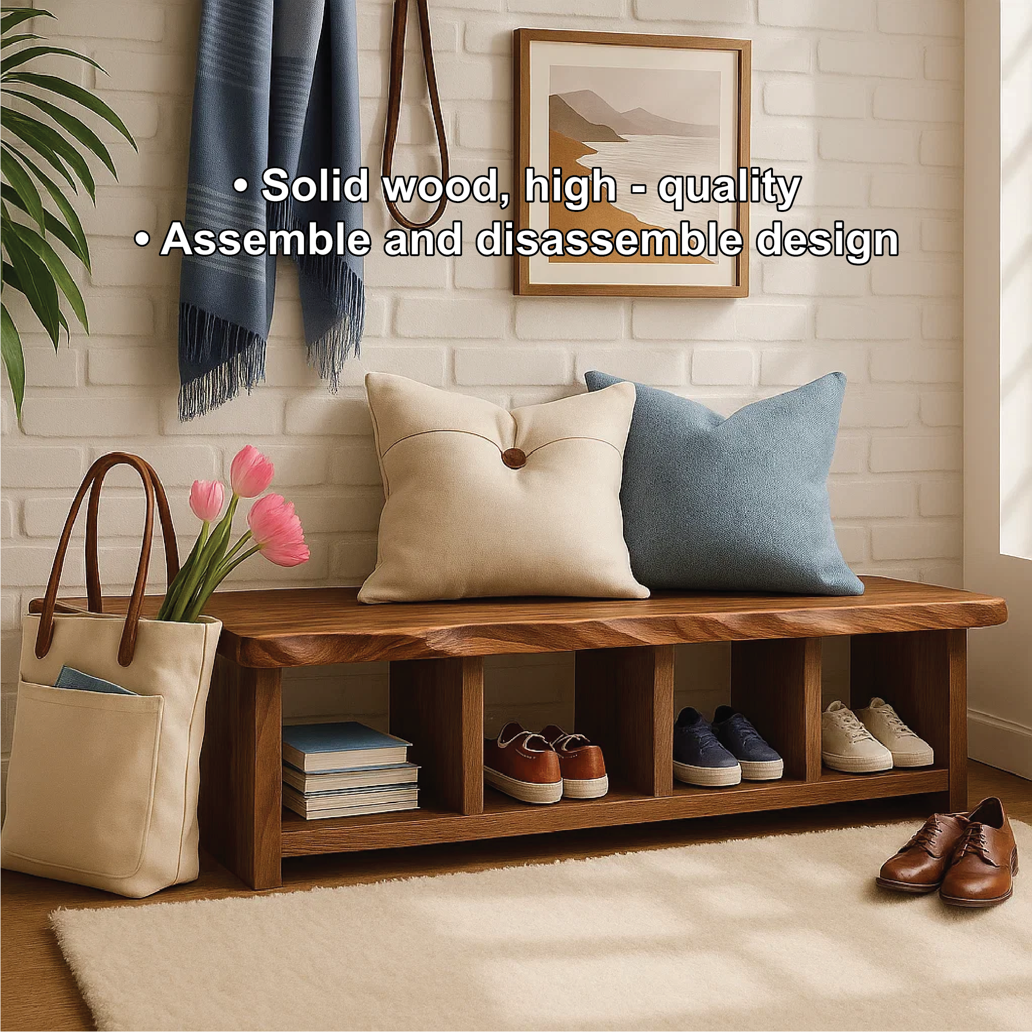 Handcrafted Entryway Bench – Solid Wood Shoe Storage Bench with Open Compartments for Rustic Hallway or Mudroom