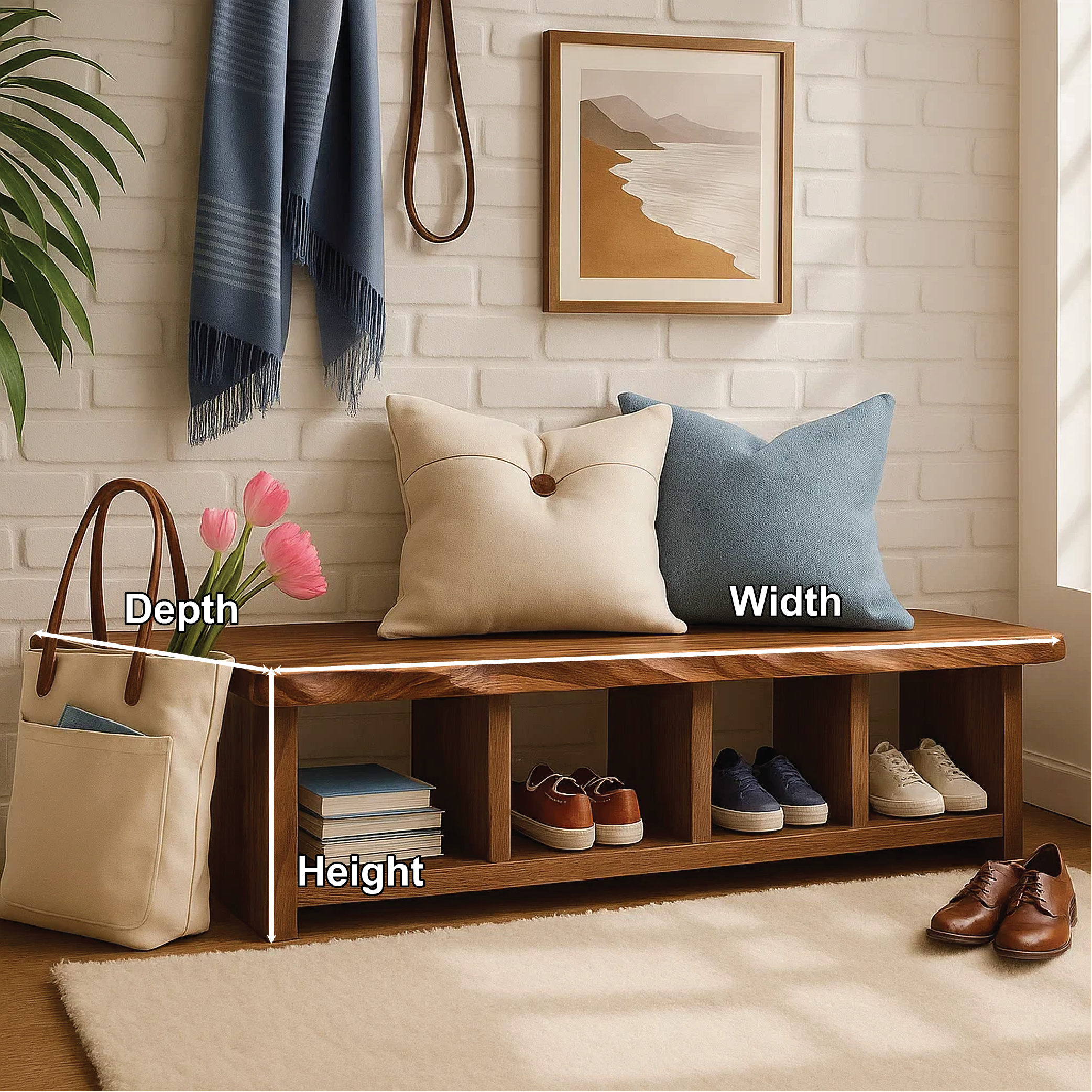 Handcrafted Entryway Bench – Solid Wood Shoe Storage Bench with Open Compartments for Rustic Hallway or Mudroom