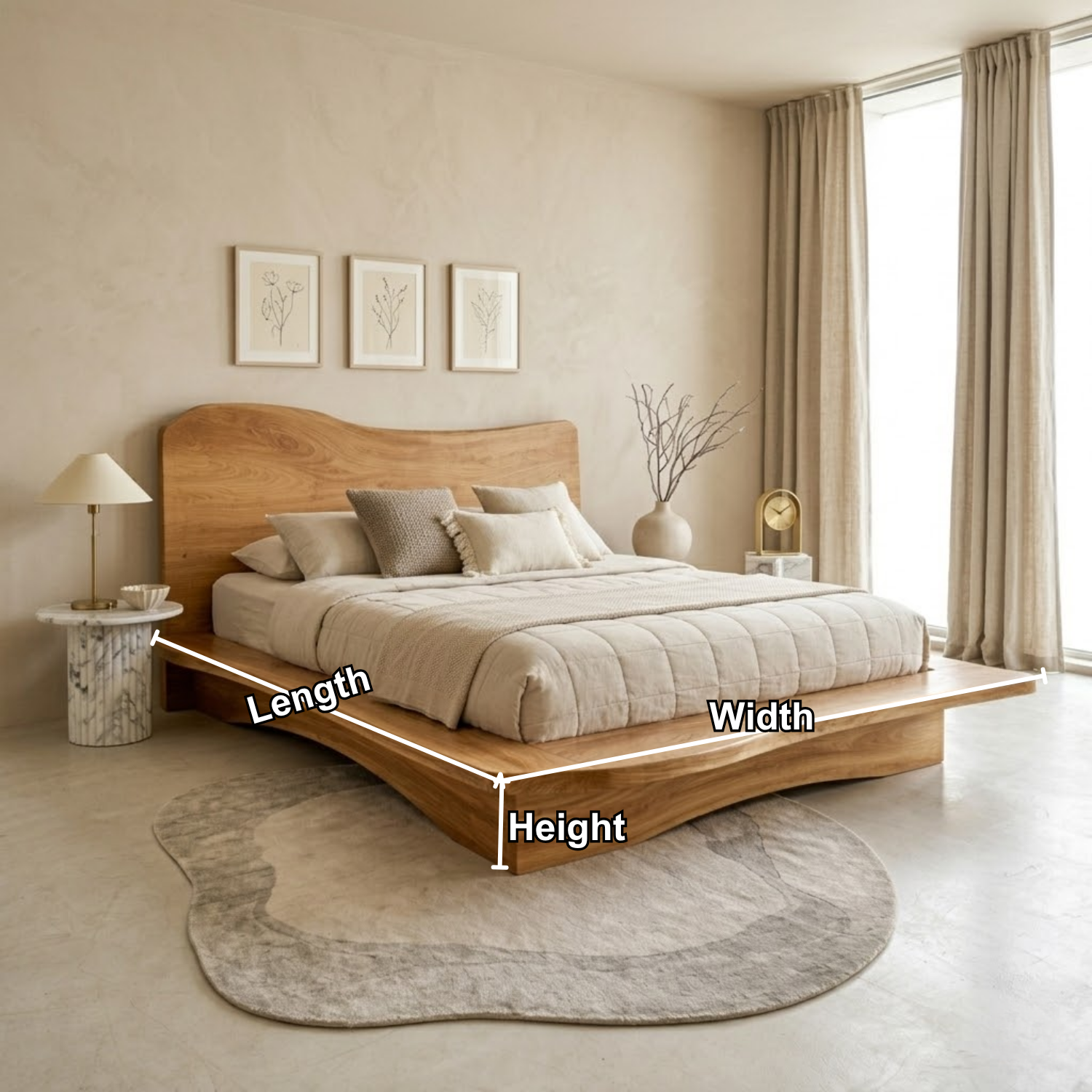 Solid Wood Platform Bed Frame with Sculpted Wave Headboard and Floating Base