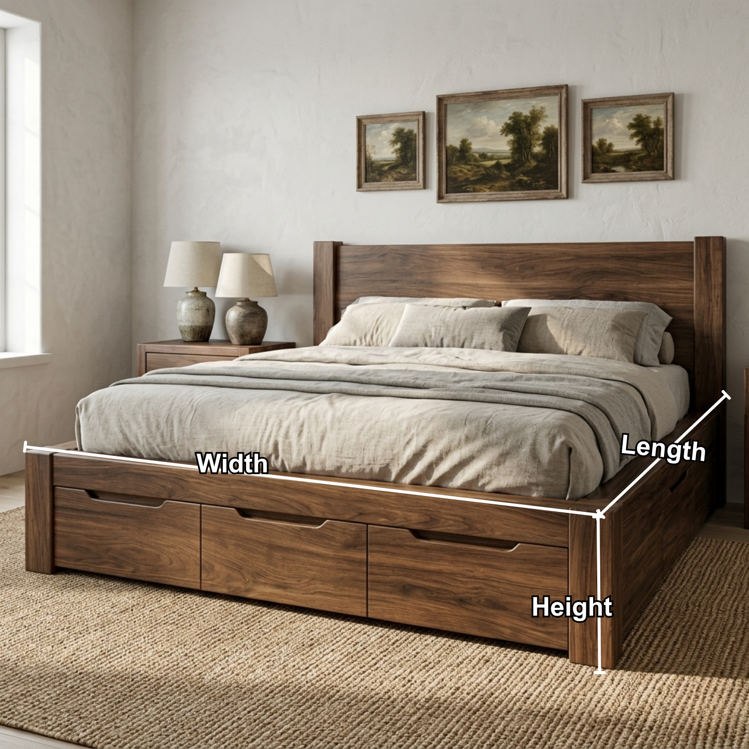 Solid Wood Platform Bed Frame with Underbed Storage Drawers and Panel Headboard