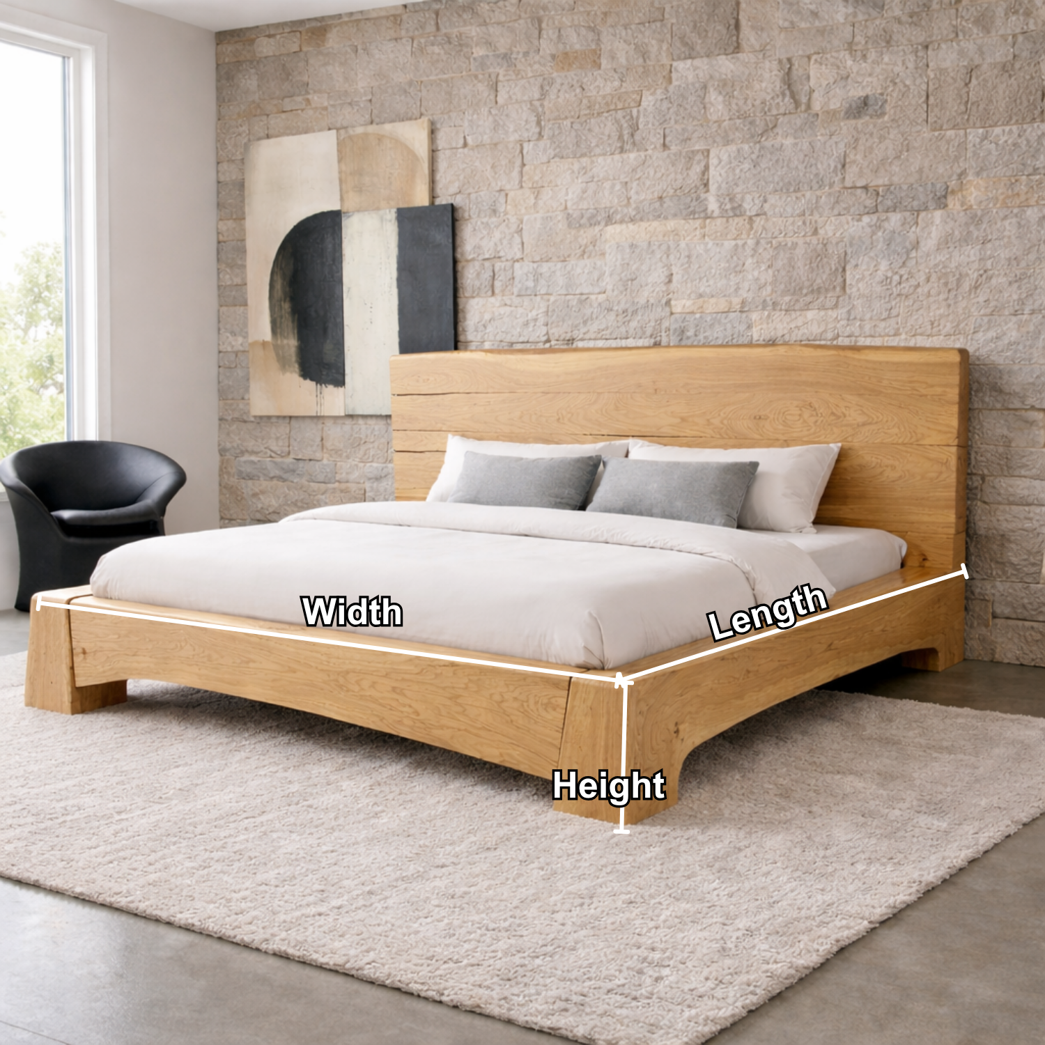 Solid Wood Platform Bed Frame with Wide Panel Headboard and Sculpted Base