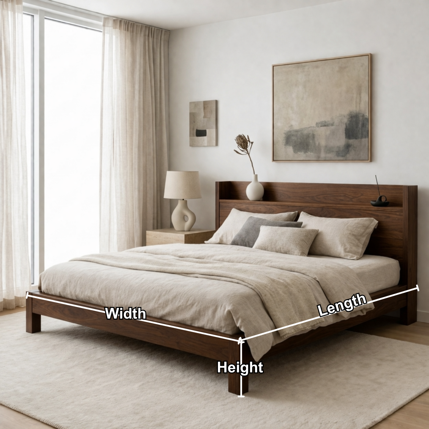 Scandinavian Style Solid Wood Platform Bed Frame with Minimalist Headboard Shelf