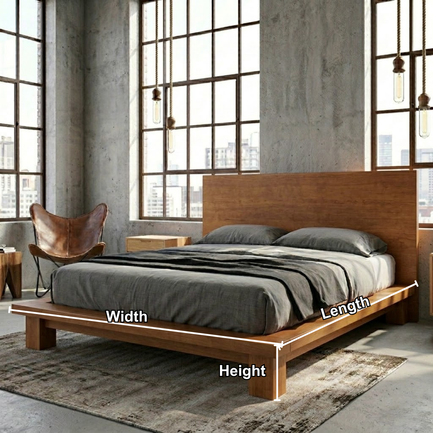 Modern Solid Wood Platform Bed Frame with Wide Panel Headboard and Block Legs