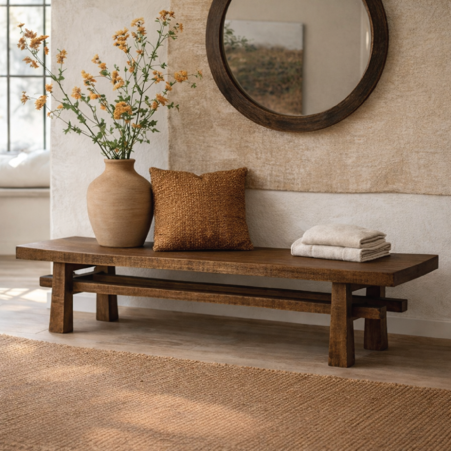 Rustic Solid Wood Entryway Bench, Farmhouse Hallway Seating