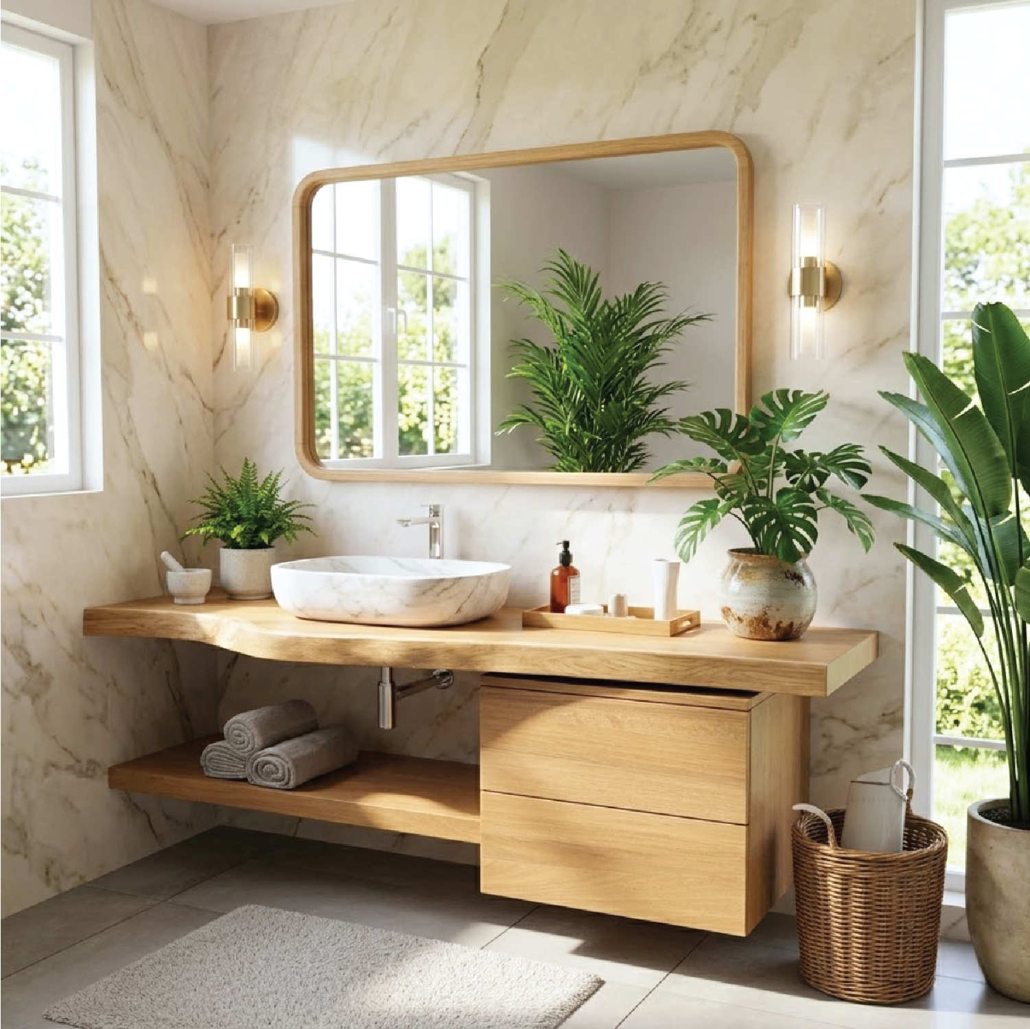 Floating Bathroom Vanity with Natural Wood Finish and Open Shelf