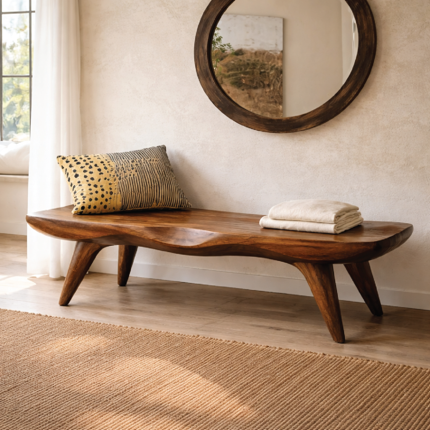 Live Edge Solid Wood Bench, Sculpted Rustic Entryway Hallway Seating