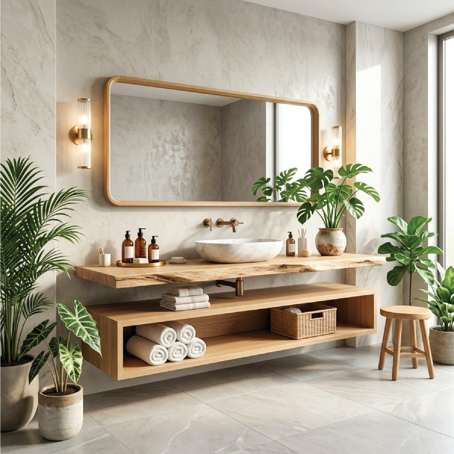 Floating Vanity with Natural Wood Finish and Open Shelf for Bathroom