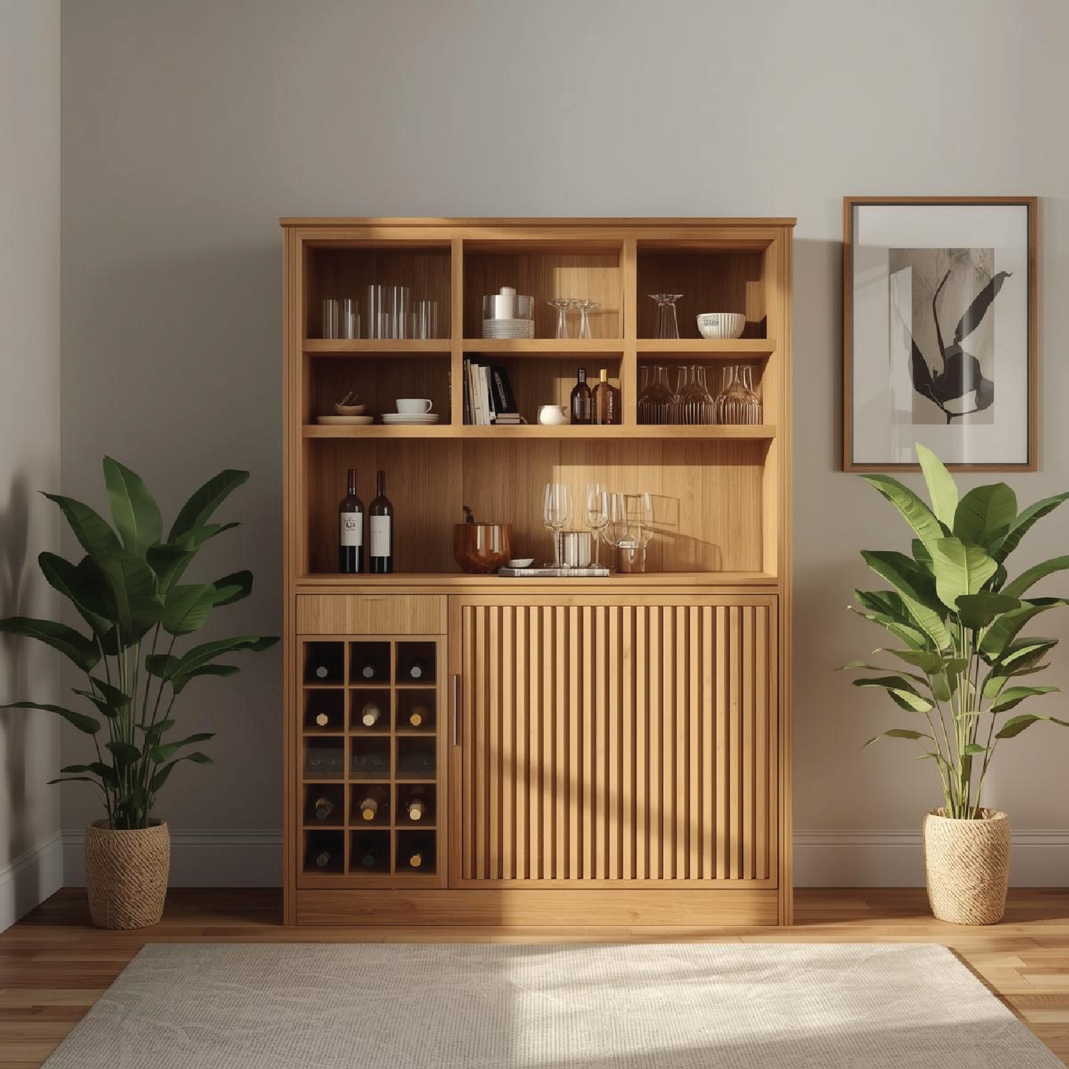 Handcrafted Solid Wood Wine Cabinet with Shelves and Bottle Storage Modern Home Bar